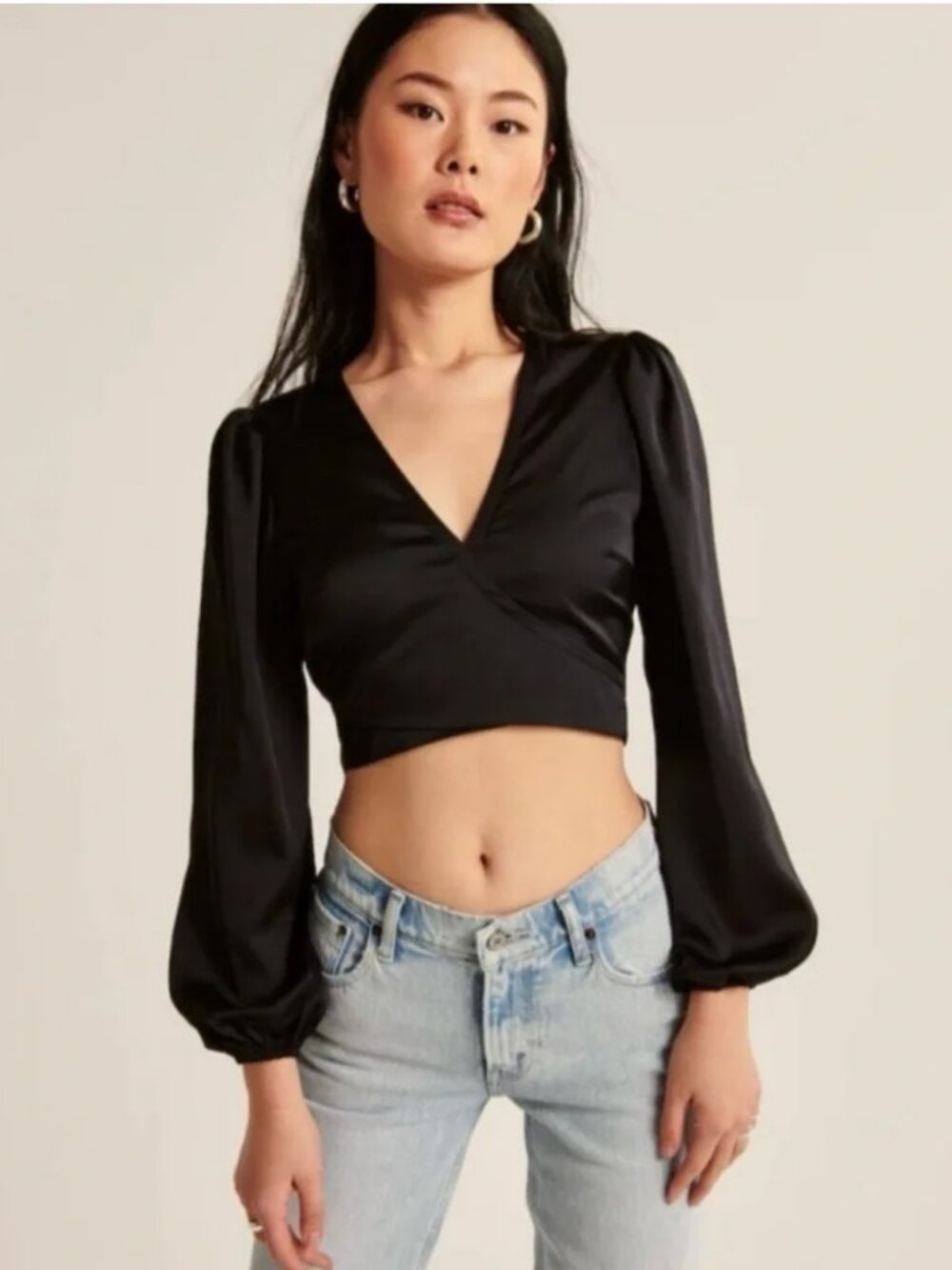 Abercrombie Long-Sleeve Satin Wrap Top Black Medium Puff Sleeve